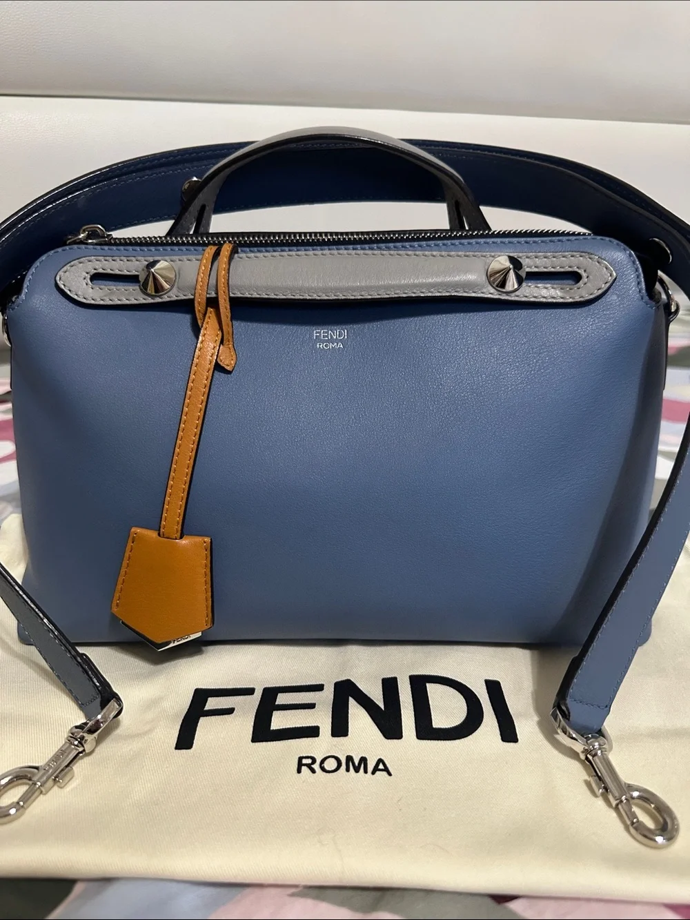 Fendi Blue Leather Satchel with Tan Accent